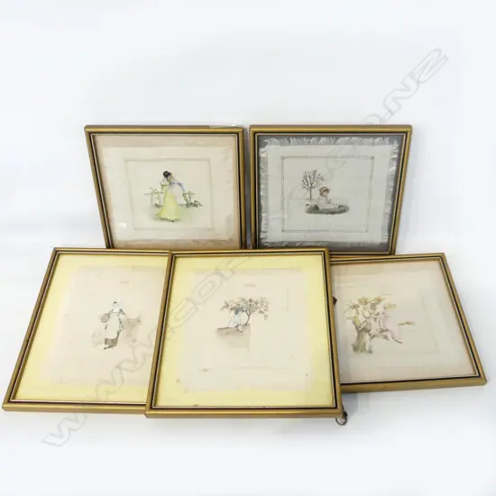 5 SM OLD FRAMED KATE GREENAWAY STYLE PAINTINGS ON SILK 170 X 160MM