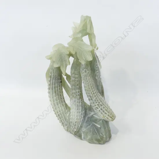 PALE GREEN STONE CARVING; CUCUMBER & CRICKET H.230mm