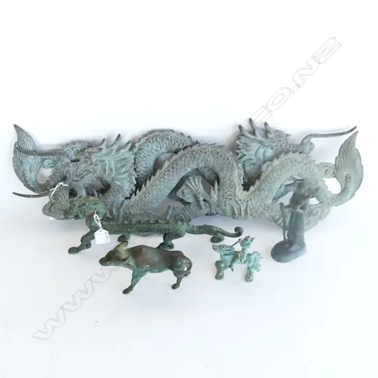 4 BRONZE FIGURES: DRAGON + OX + FIGURE 0N HORSE + FIGURE