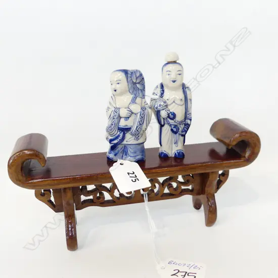 PAIR OF ORIENTAL PORCELAIN SCENT BOTTLES WITH MINIATURE ALTAR TABLE ONE STOPPER MISSING L  210 MM