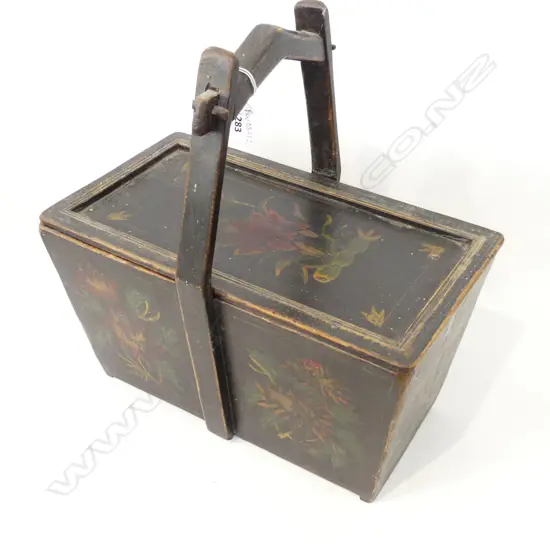 VINTAGE BLACK PAINTED WOODEN LIDDED BASKET W.360mm