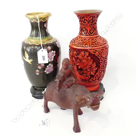 2 ORIENTAL VASES; CLOISONNE & CINNABAR H.230mm ON STANDS + CARVED FIGURE ON OX (horn repaired) L.170mm