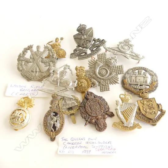 14 ASST. MILITARY BADGES; MOST UK WWI INFANTRY CAP BADGES (SOME RESTRIKE)