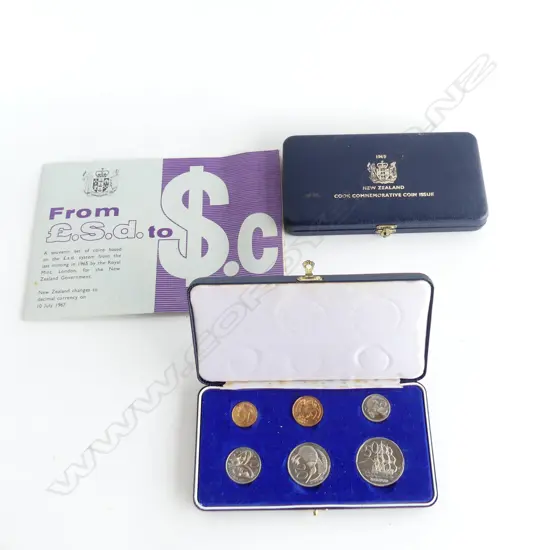 2 BOXED SETS NZ COMMEMORATIVE COINS 1968 & 69 (1 COIN MISSING) + 1965 SOUVENIR SET FROM POUNDS TO $