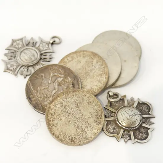 6 OLD SILVER FLORINS + 2 ANTIQUE SCHOOL MEDALS, DUX 1893 + DUNEDIN NORM. SCH 1890