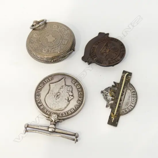 WWI MEDAL (PV R.W.CREAR) + RSA MEDAL, COPPER NZ TENNIS MEDAL & POCKET WATCH CASE