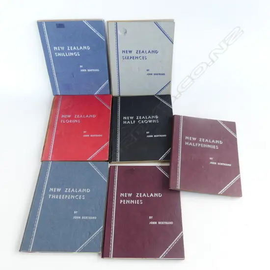 7 NZ COIN ALBUMS - JOHN BERTRAND: 1/2 PENNIES, PENNIES, THREEPENCES, SIXPENCES, SHILLINGS, 1/.2 CROWNS & FLORINS, INCOMP