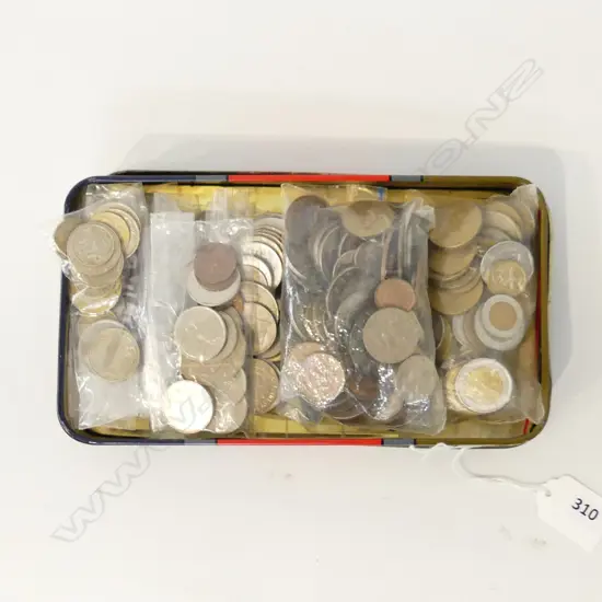 TIN WITH BAGS WORLD COINS; INDIA, STH AMER. CENTRAL ASIA, CANADA ETC..