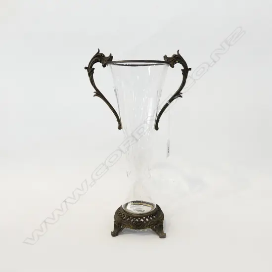 CUT CRYSTAL VASE w. BRASS MOUNTS H.330mm