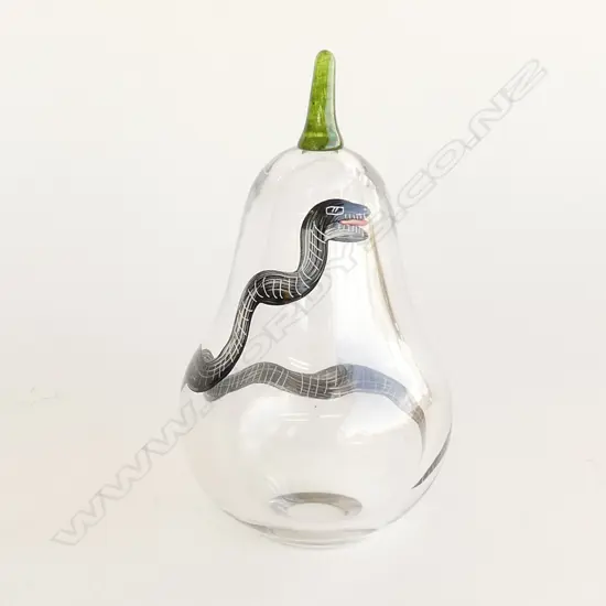 HAND BLOWN PEAR PAPERWEIGHT w. PAINTED SNAKE H.180mm