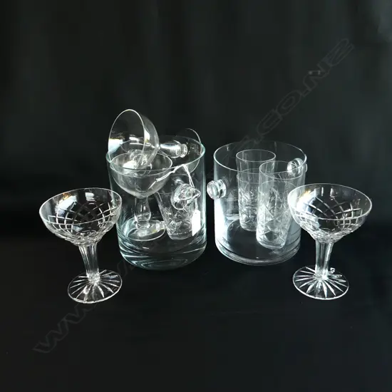 2 CRYSTAL WINE / CHAMPAGNE BUCKETS H.160mm + 4 HOLLOW STEMS, 5 TUMBLERS