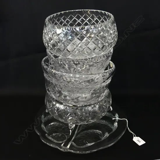 5 CRYSTAL BOWLS + ORREFORS PLATE LEAF DESIGN 300mm dia