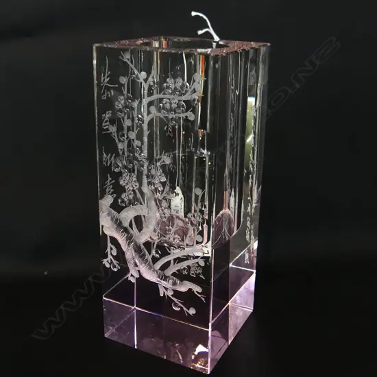 RECTANGULAR SOLID CRYSTAL CHINESE VASE WITH PINK DETAIL TO THE BASE PART. ACID ETCHED BLOSSOM DETAIL AND SCRIPT H.170mm