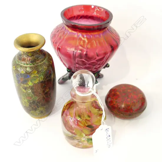 CRANBERRY GLASS VASE H.110mm, BOTTLE, CLOISONNE VASE & LIDDED CONTAINER