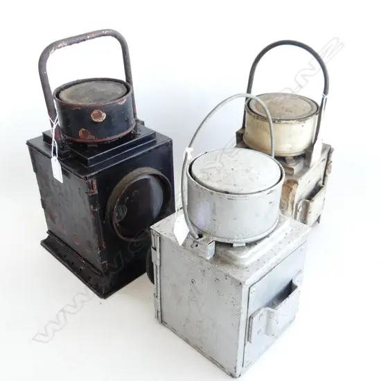 3 RAILWAY LAMPS  LARGEST H360MM 1 LENSES MISSING