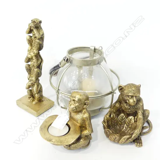 3 GOLD PAINTED MONKEY FIGURES + GLASS CANDLE LANTERN