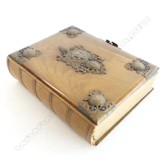 ANTIQUE EUROPEAN CARD ALBUM w. WOODEN COVER & METAL TRIM HALF FULL FLORAL CARDS 'ERINNERUNG AN TIROL WEIHNACHTEN 1884'