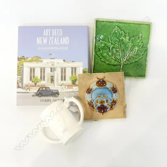 BOOK 'ART DECO NZ' BY TERRY MOYLE  + 2 TILES; TONY SLY & ART NOUVEAU + WHITE DOUBLE HANDLED CUP