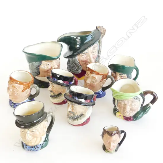 10 ROYAL DOULTON CHARACTER JUGS; PIED PIPER & PARSON H.100mm + 7 SMALL + 1 MINIATURE
