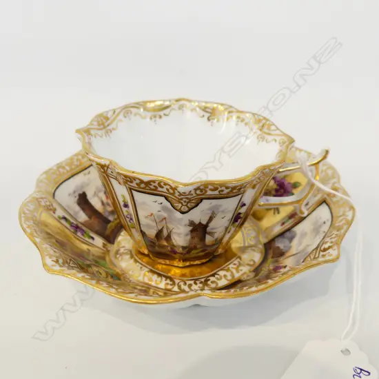 ANTIQUE GERMAN PORCELAIN CUP & SAUCER HAND PAINTED w. LANDSCAPES & FLOWERS ON GOLD GROUND AR MARK FOR MEISSEN c1720