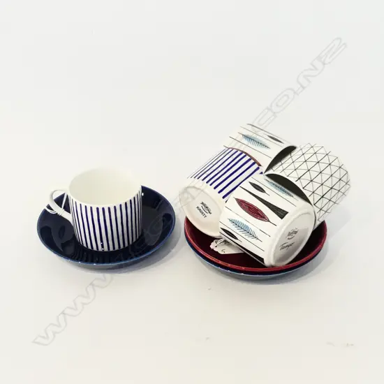 5 CUPS BY RORSSTAND IN THE KADETT VENEZIA AND TANGO PATTERNS. WITH 3 SAUCERS 2 BLUE ONE RED.