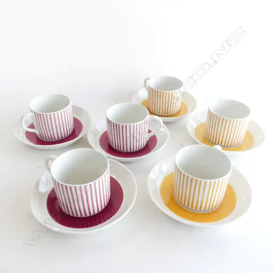 6 SWEDISH C/S BY RORSSTRAND IN THE KADETT PATTERN. 3 RED 3 YELLOW STRIPED, ONE SAUCER AF.