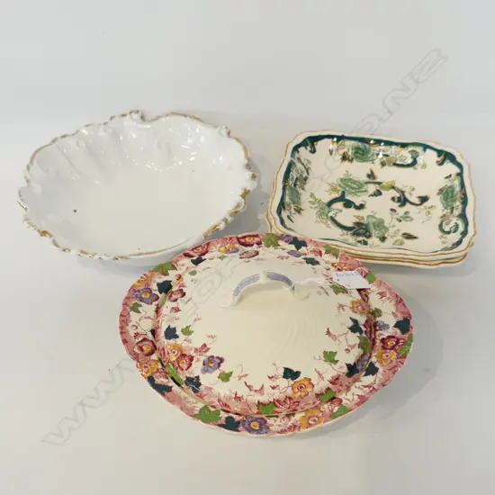 TWO MASONS PLATES,  +BURLIEGH  TUREEN AND UNMARKED BOWL FAULTS