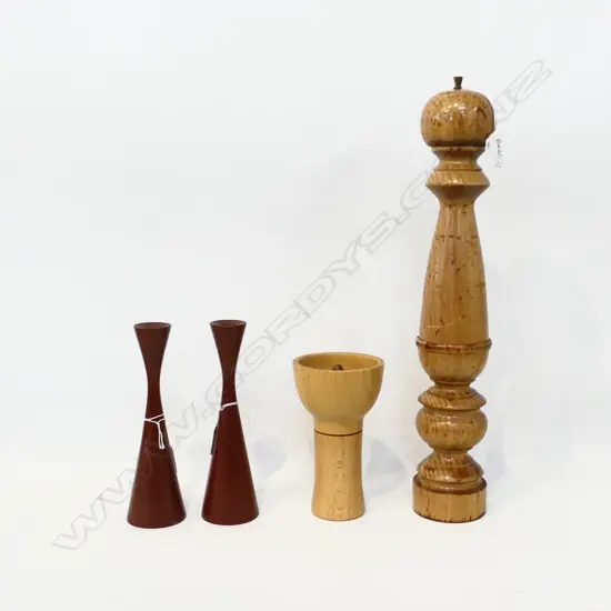 4 WOODEN DANISH DOMESTIC ITEMS, 2 CANDLEHOLDERS H.200mm 2 PEPPER GRINDERS H.160MM & 430mm