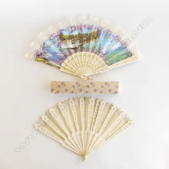2 VINTAGE FANS, 1 GERMAN IN ORIG. BOX + FAUX IVORY & LACE (A/F)