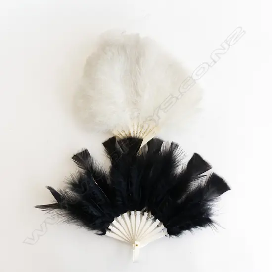 PR VINTAGE FEATHER HAND FANS, 1 WHITE FEATHERS WITH IVORY & 1 BLACK FEATHERS