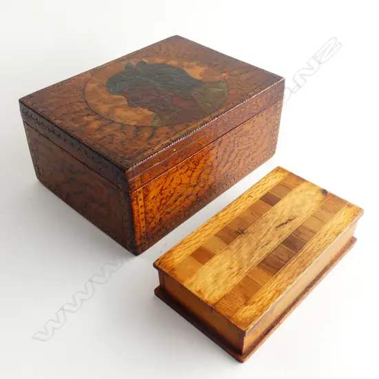 VINTAGE FOLK ART WOODEN BOX w. PAINTED MAORI CHIEF TO LID 200x150x90mm + ANOTHER w. NATIVE TIMBER INLAY