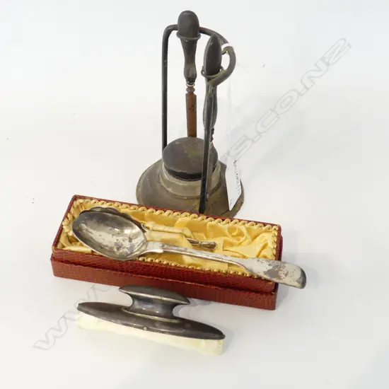 4 PCES STG SILVER, INKWELL w. 2 NAIL FILES, NAIL BUFF, 2 TEA SPOONS