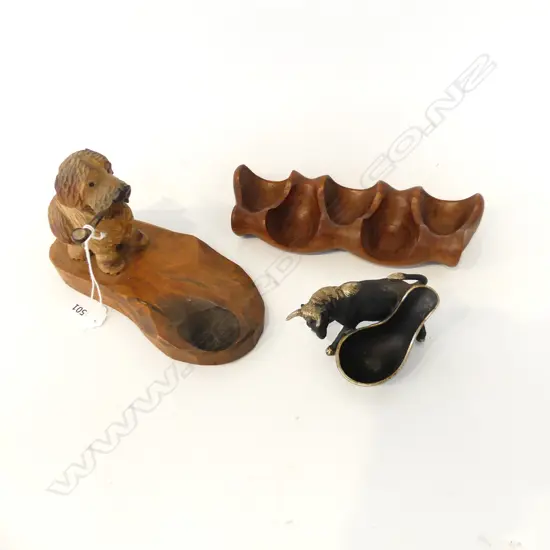3 NOVELTY PIPE HOLDERS; CARVED SCOTTIE DOG, METAL BULL, OTHER L.200mm
