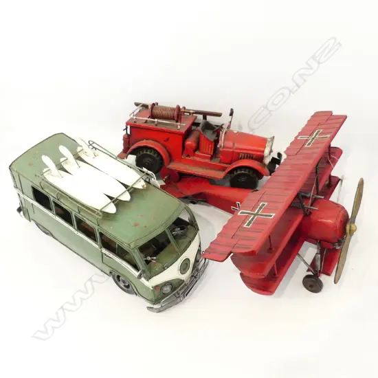 3 HAND CRAFTED METAL PCES; RED BI PLANE, FIRE ENGINE, GREEN COMBI VAN L.330mm