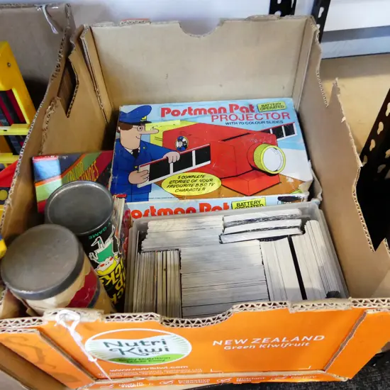 BOX LOT  BASKETBALL CARDS COLLECTORS CARDS BOXED POSTMAN PAT PROJECTOR DOMINOS ETC