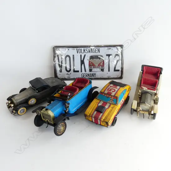 2 TIN TOY CARS 2 MODEL CARS & VW NUMBERPLATE CAR L 250MM