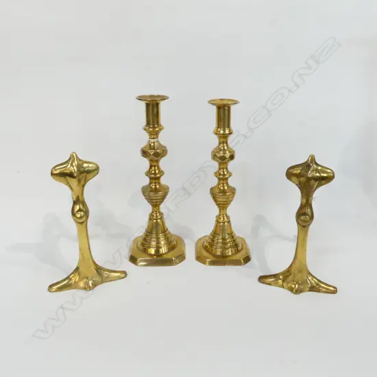 PR BRASS CANDLE STICKS (H. 270MM) + PR BRASS FIRE DOGS 