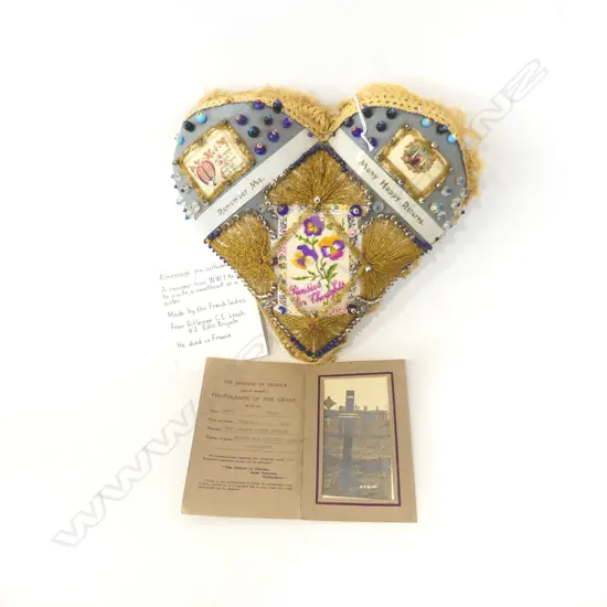 A WWI 'MESSAGE' HEART SHAPED PINCUSHION 290x290mm...