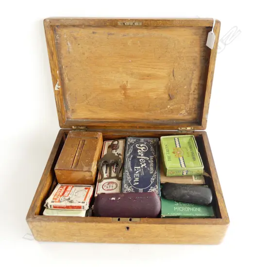 OAK BOX  OF COLLECTABLES PIPE GLASSES RAZOR  ETC ETC  BOX L375MM