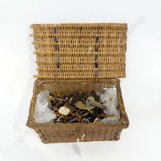 VINTAGE CANE BASKET w. ASST. OLD KEYS