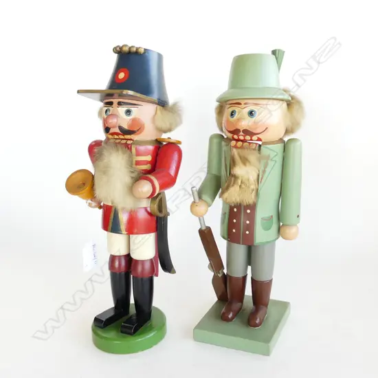 2 PAINTED WOODEN NOVELTY NUTCRACKERS; TOWN CRIER & GERMAN HUNTER H.340mm