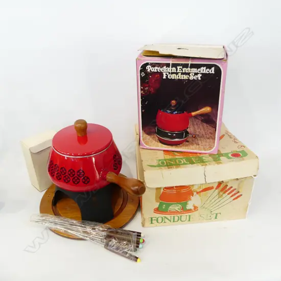 2 RETRO RED ENAMEL FONDUE SETS