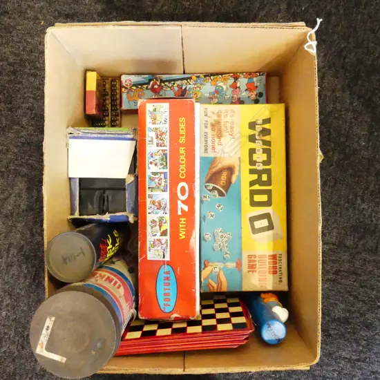 BOX LOT VINTAGE GAMES WORDO FORTUNA INKERTOY  THE THING ETC ETC