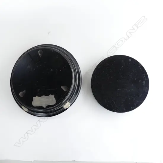 2 LG BLACK PLINTHS; VITROLITE GLASS 230mm dia / WOODEN 300mm dia