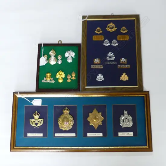 3 FRAMED MILITARY REGIMENTAL CAP BADGES ETC 190x495mm