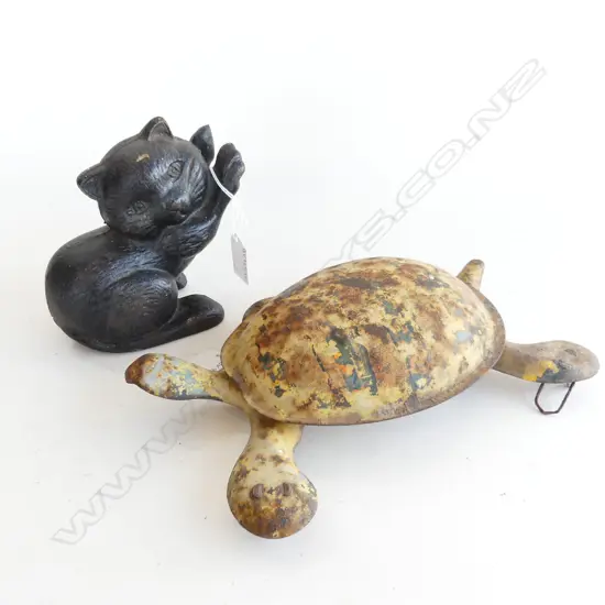 CAST IRON  CAT DOORSTOP H150MM & TIN TOY WALKING TURTLE NO WHEELS L265MM