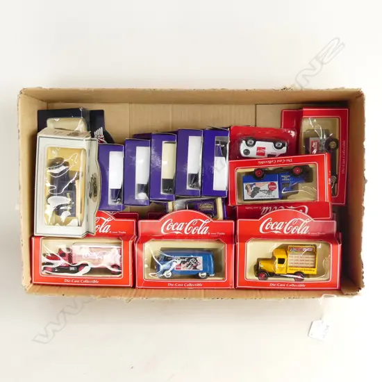 BOX LOT 17 COLLECTABLE DIE CAST TOYS  COCA COLA CADBURY ETC