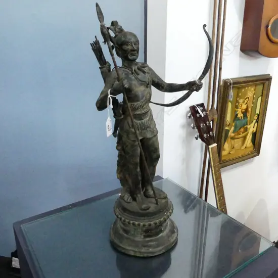 BRONZE AMERICAN INDIAN FIGURE HOLDING SPEAR & BOW H.530mm