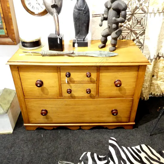 COLONIAL KAURI LOW CHEST OF 5 DRAWERS - HANDLES w. MoP INLAY minor damage to one edge / old borer mark 1120x530x760mm