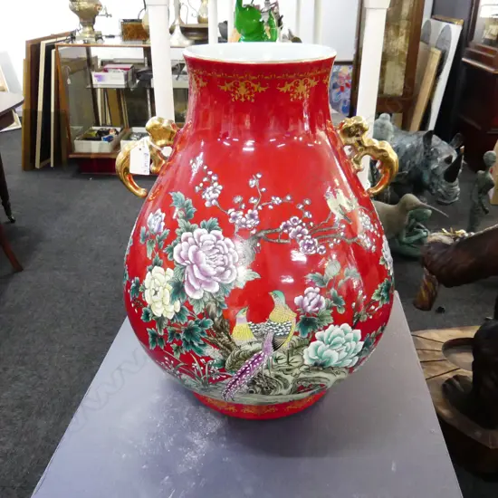 LG RED CHINESE VASE w. BIRDS & BLOSSOMS H.460mm repairs to one handle